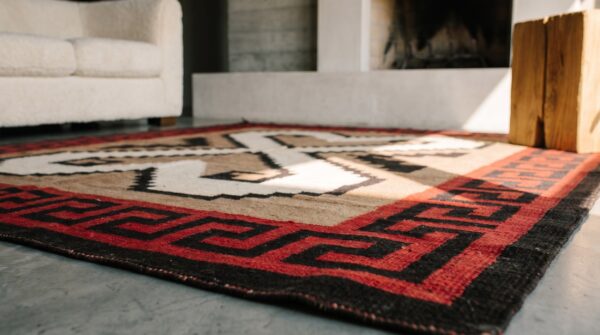 Antique square native american tribal geometric double heart design navajo rug 10 Antique square native american tribal geometric double heart design navajo rug (sku 21253) - in-room detail