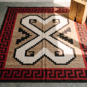Antique Square Native American Tribal Geometric Double Heart Design Navajo Rug (SKU 21253) - styled overhead view