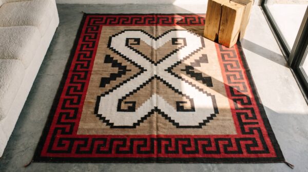 Antique square native american tribal geometric double heart design navajo rug 2 Antique square native american tribal geometric double heart design navajo rug (sku 21253) - styled overhead view