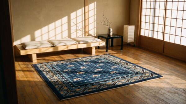 Antique square navy blue chinese bats ningxia rug (sku 22469) - room view