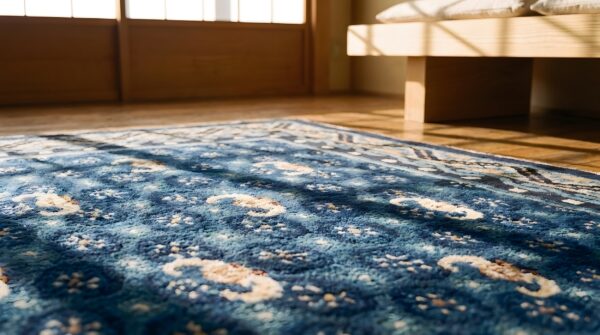 Antique square navy blue chinese bats ningxia rug (sku 22469) - in-room detail
