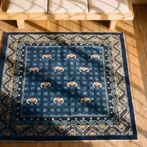 Antique Square Navy Blue Chinese Bats Ningxia Rug (SKU 22469) - styled overhead view