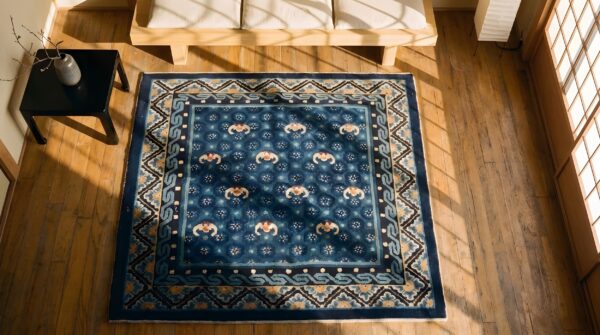 Antique square navy blue chinese bats ningxia rug (sku 22469) - styled overhead view