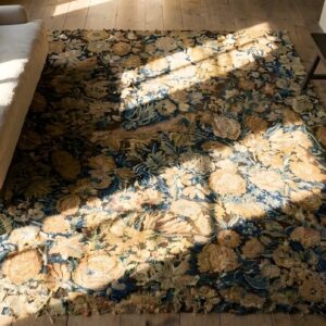 Antique Square Needlepoint English Allover Rug (SKU 24313) - styled overhead view