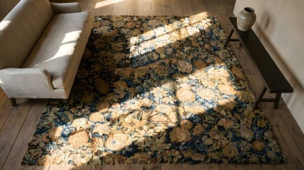 Antique square needlepoint english allover rug 2 Antique square needlepoint english allover rug (sku 24313) - styled overhead view