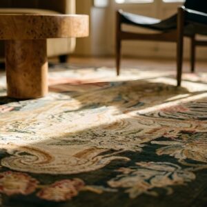 Antique Square Needlepoint English Allover Flat Weave Textile Art (SKU 23801) - in-room detail