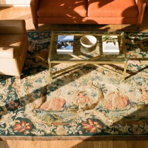 Antique Square Needlepoint English Allover Scenic Pictorial Textile Art (SKU 23802) - styled overhead view