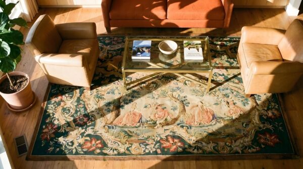 Antique square needlepoint english allover scenic pictorial textile art 2 Antique square needlepoint english allover scenic pictorial textile art (sku 23802) - styled overhead view