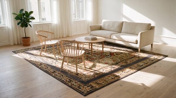 Antique square needlepoint french flat weave rug 10 Antique square needlepoint french flat weave rug (sku 25513) - room view
