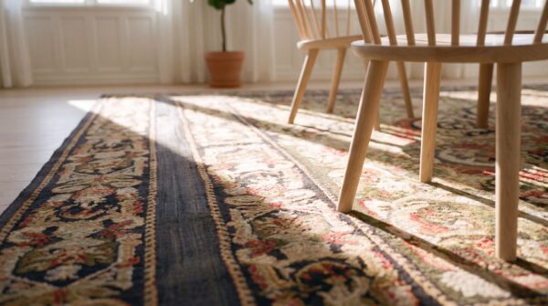 Antique square needlepoint french flat weave rug 11 Antique square needlepoint french flat weave rug (sku 25513) - in-room detail