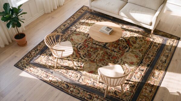 Antique square needlepoint french flat weave rug 2 Antique square needlepoint french flat weave rug (sku 25513) - styled overhead view