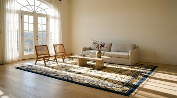 Antique square ningxia chinese floral medallion knotted rug (sku 24101) - room view