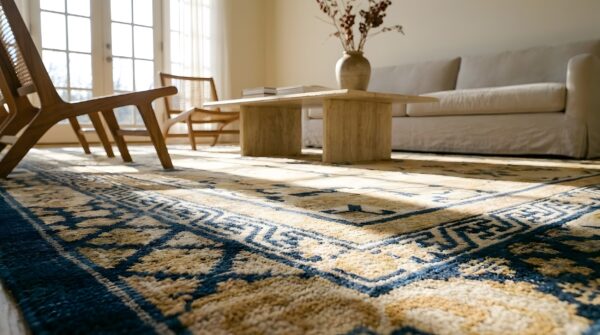 Antique square ningxia chinese floral medallion knotted rug (sku 24101) - in-room detail