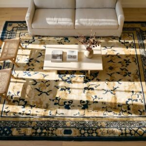Antique Square Ningxia Chinese Floral Medallion Knotted Rug (SKU 24101) - styled overhead view