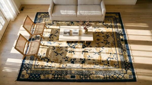 Antique square ningxia chinese floral medallion knotted rug (sku 24101) - styled overhead view