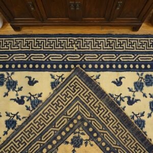 Antique Square Ningxia Chinese Geometric Beige 1850s Rug (SKU 23758) - styled overhead view