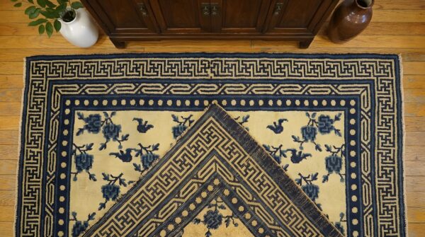 Antique square ningxia chinese geometric beige 1850s rug 2 Antique square ningxia chinese geometric beige 1850s rug (sku 23758) - styled overhead view