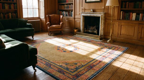 Antique square ningxia room size wool yellow rug 13 Antique square ningxia room size wool yellow rug (sku 22874) - room view