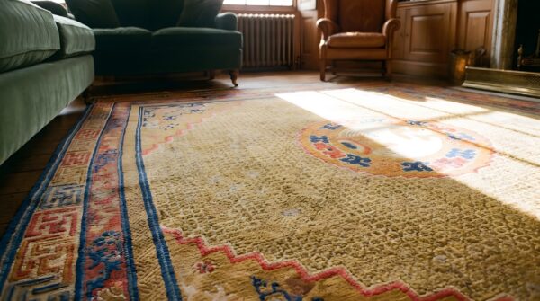 Antique square ningxia room size wool yellow rug 14 Antique square ningxia room size wool yellow rug (sku 22874) - in-room detail