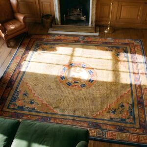 Antique Square Ningxia Room Size Wool Yellow Rug (SKU 22874) - styled overhead view
