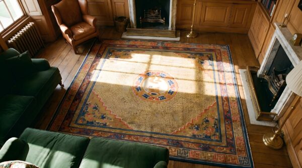 Antique square ningxia room size wool yellow rug 2 Antique square ningxia room size wool yellow rug (sku 22874) - styled overhead view