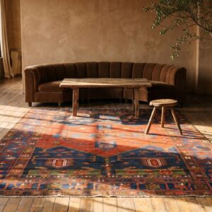 Square Antique Persian Malayer Tribal Small Scatter Size Wool Coral Rug (SKU 21593) - room view