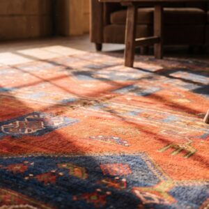 Square Antique Persian Malayer Tribal Small Scatter Size Wool Coral Rug (SKU 21593) - in-room detail