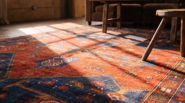 Square antique persian malayer tribal small scatter size wool coral rug 8 Square antique persian malayer tribal small scatter size wool coral rug (sku 21593) - in-room detail