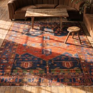 Square Antique Persian Malayer Tribal Small Scatter Size Wool Coral Rug (SKU 21593) - styled overhead view