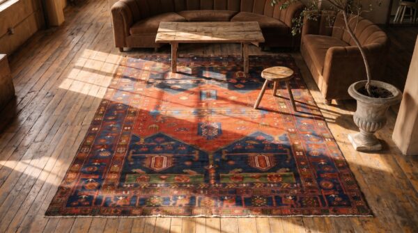 Square antique persian malayer tribal small scatter size wool coral rug 2 Square antique persian malayer tribal small scatter size wool coral rug (sku 21593) - styled overhead view