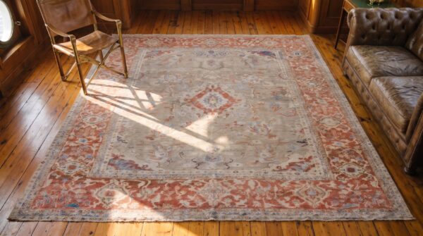 Antique square persian sultanabad rug - light cream ivory room size 2 Antique square persian sultanabad rug - light cream ivory room size (sku 21306) - styled overhead view