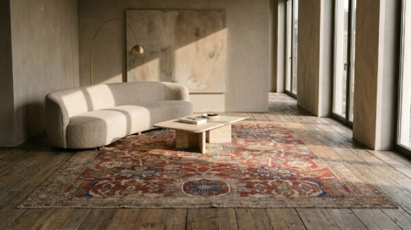 Square red rustic tribal antique distressed persian sultanabad rug (sku 19673) - room view