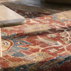 Square Red Rustic Tribal Antique Distressed Persian Sultanabad Rug (SKU 19673) - in-room detail