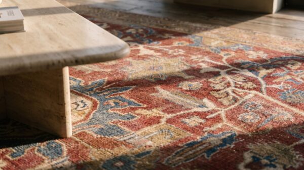 Square red rustic tribal antique distressed persian sultanabad rug (sku 19673) - in-room detail