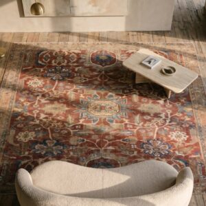 Square Red Rustic Tribal Antique Distressed Persian Sultanabad Rug (SKU 19673) - styled overhead view