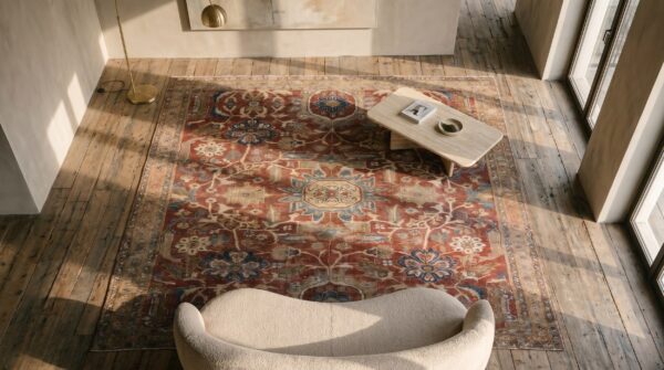 Square red rustic tribal antique distressed persian sultanabad rug (sku 19673) - styled overhead view