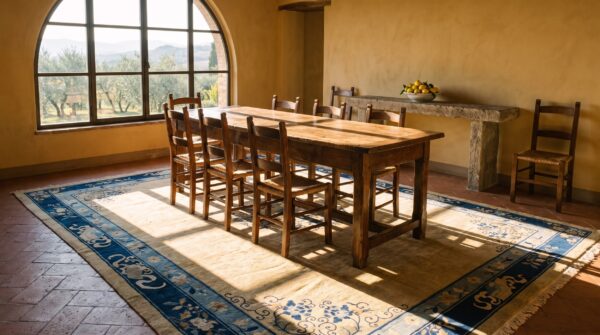 Square room size cream and blue color antique chinese medallion peking rug 11 Square room size cream and blue color antique chinese medallion peking rug (sku 25086) - room view