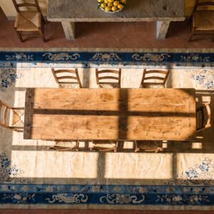 Square Room Size Cream and Blue Color Antique Chinese Medallion Peking Rug (SKU 25086) - styled overhead view