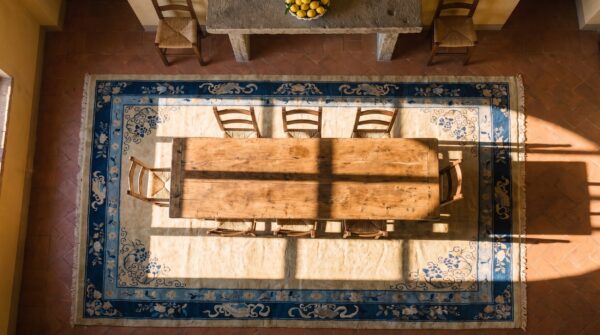 Square room size cream and blue color antique chinese medallion peking rug 2 Square room size cream and blue color antique chinese medallion peking rug (sku 25086) - styled overhead view