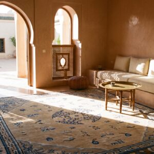 Antique Square Room Size Ivory and Blue Chinese Ningxia Rug (SKU 21828) - room view