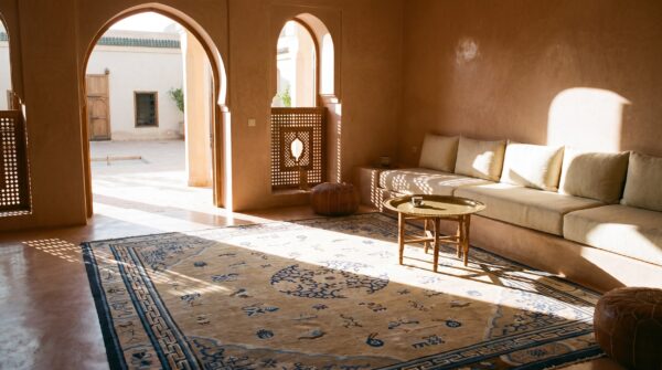 Antique square room size ivory and blue chinese ningxia rug 8 Antique square room size ivory and blue chinese ningxia rug (sku 21828) - room view