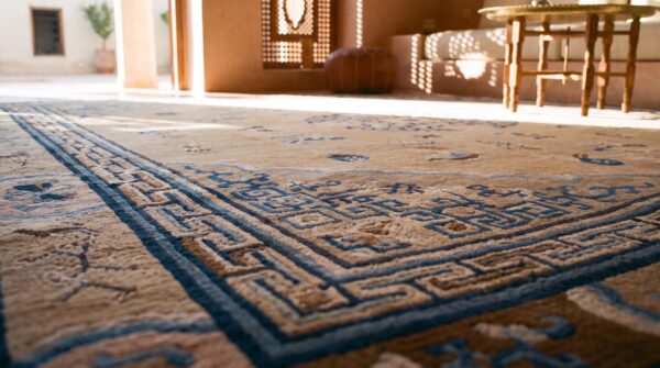 Antique square room size ivory and blue chinese ningxia rug 9 Antique square room size ivory and blue chinese ningxia rug (sku 21828) - in-room detail