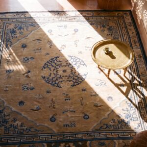 Antique Square Room Size Ivory and Blue Chinese Ningxia Rug (SKU 21828) - styled overhead view
