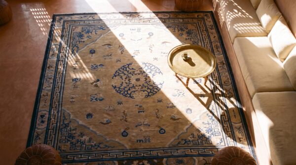 Antique square room size ivory and blue chinese ningxia rug 2 Antique square room size ivory and blue chinese ningxia rug (sku 21828) - styled overhead view