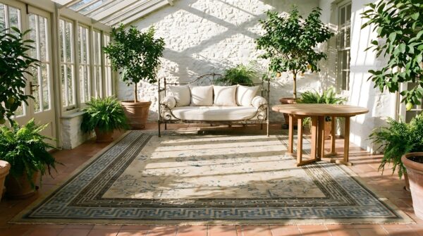 Antique square room size ivory late 19th century chinese ningxia rug 7 Antique square room size ivory late 19th century chinese ningxia rug (sku 23510) - room view
