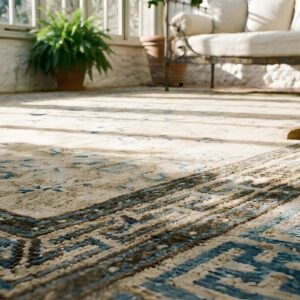Antique Square Room Size Ivory Late 19th Century Chinese Ningxia Rug (SKU 23510) - in-room detail