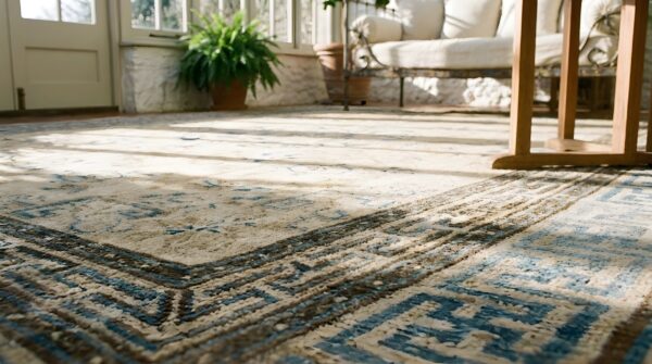 Antique square room size ivory late 19th century chinese ningxia rug 8 Antique square room size ivory late 19th century chinese ningxia rug (sku 23510) - in-room detail