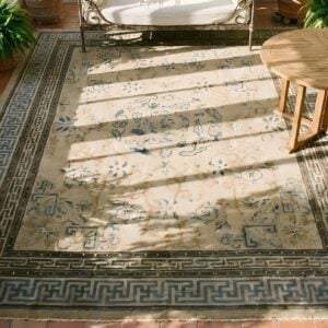 Antique Square Room Size Ivory Late 19th Century Chinese Ningxia Rug (SKU 23510) - styled overhead view