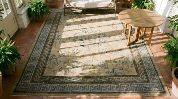 Antique square room size ivory late 19th century chinese ningxia rug 2 Antique square room size ivory late 19th century chinese ningxia rug (sku 23510) - styled overhead view