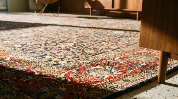 Antique square sarouk farahan persian geometric knotted rug 9 Antique square sarouk farahan persian geometric knotted rug (sku 23844) - in-room detail